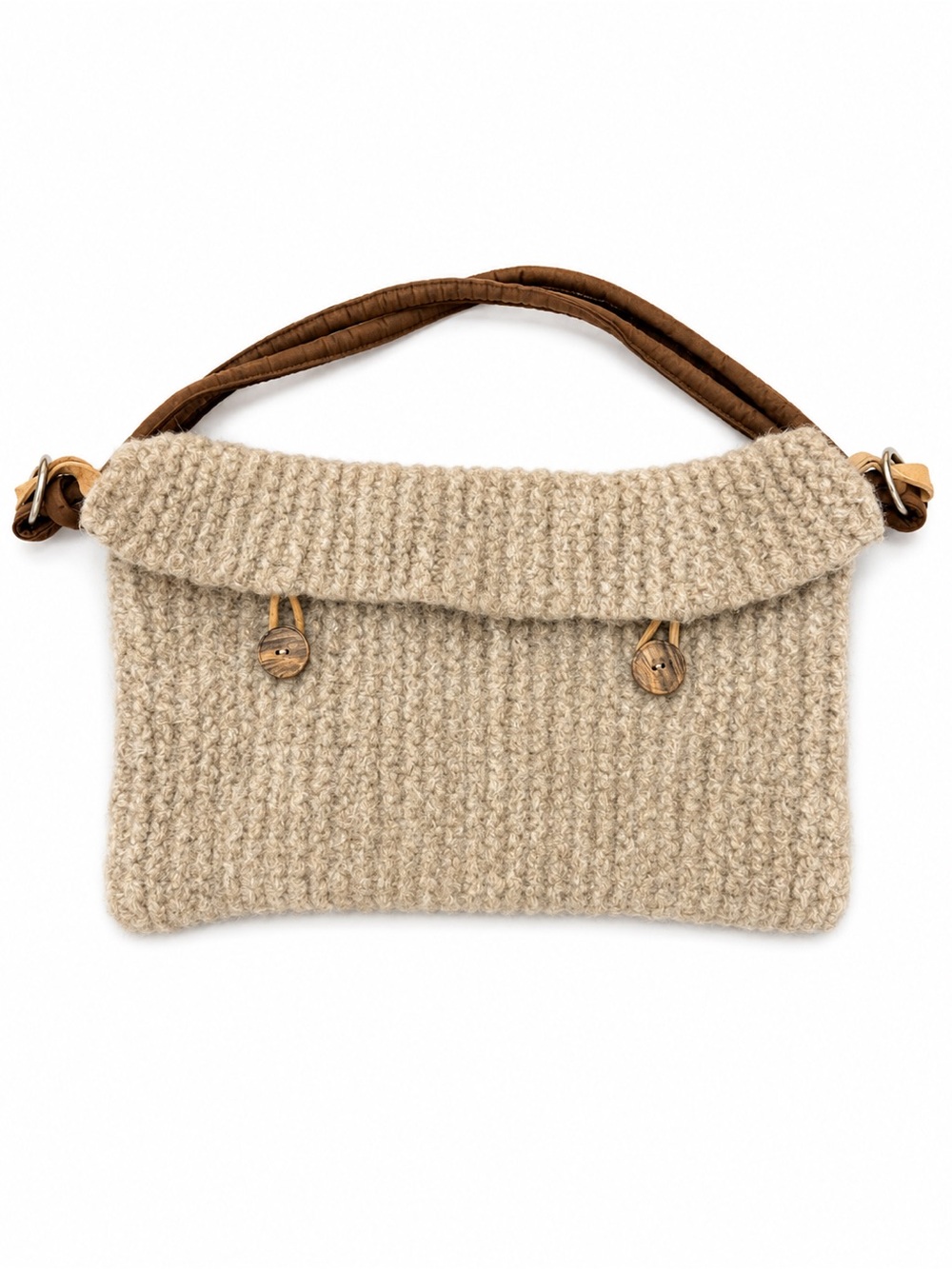 Handmade Felted Wool Fold-Over Shoulder Bag Gray Beige Knit Lined Artisan Purse